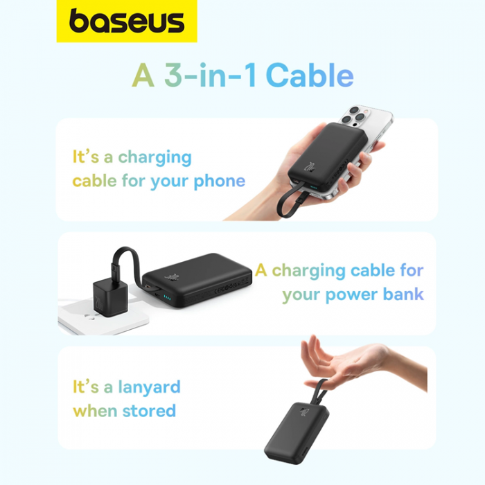 BASEUS - Baseus Magsafe Powerbank 10000mAh 20W Med Built-in Lightning Kabel - Svart