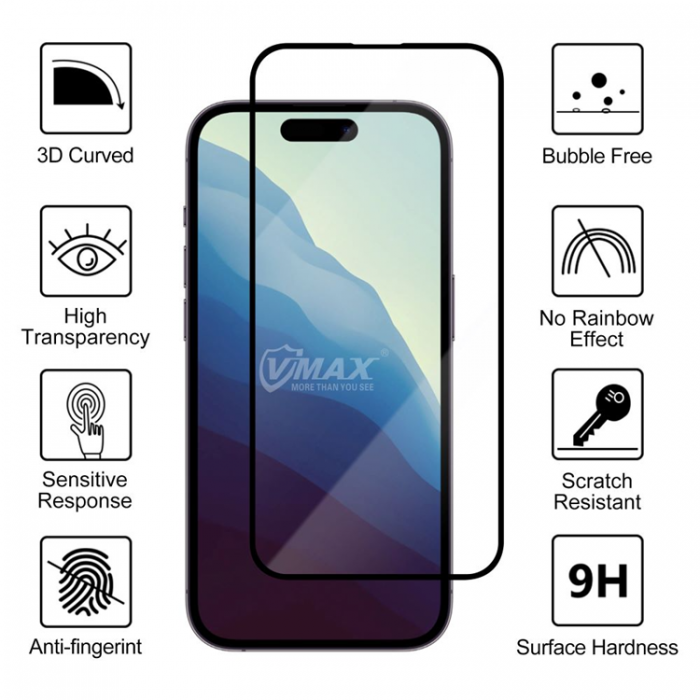 VMAX - Vmax iPhone 14 Hrdat Glas Skrmskydd 9D - Svart