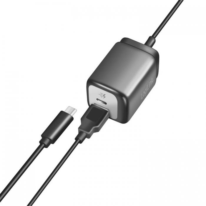 LogiLink - Logilink Vggladdare 1xUSB-A + 1xUSB-C med fast kabel 1,5m GaN 30W