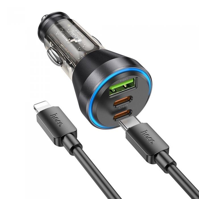 Hoco - Hoco Billaddare 2xUSB-C 1xUSB-A Med Lightning Kabel - Svart