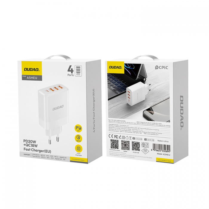 Dudao - Dudao Vggladdare Adaptrar 3x USB-A/1x USB-C 20W - Vit