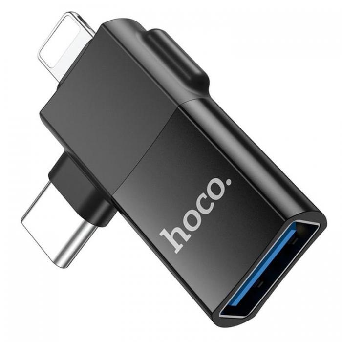 Hoco - Hoco 2in1 OTG Adapter Type-C/Lightning till USB-A UA17 - Svart