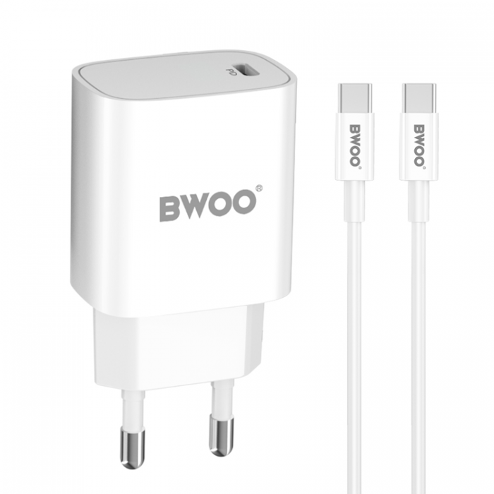 BWOO - BWOO Vggladdare 20W + Kabel USB-C Till USB-C 1m - Vit