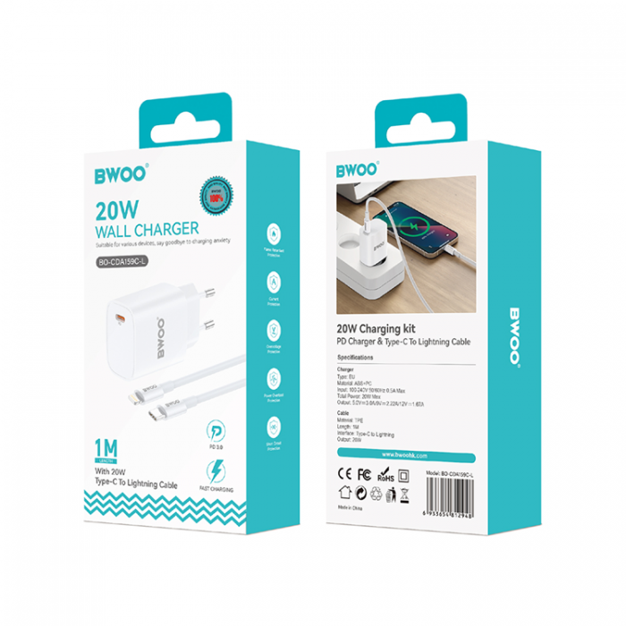 BWOO - BWOO Vggladdare 20W + Kabel USB-C Till Lightning 1m - Vit