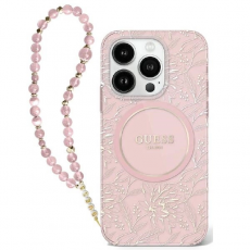 Guess - Guess iPhone 16 Mobilskal MagSafe IML Flowers Med Strap - Rosa