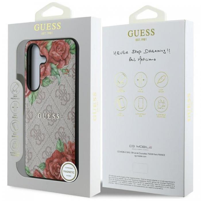 Guess - Guess Galaxy S25 Mobilskal MagSafe Flowers Print Metal Logo - Rosa