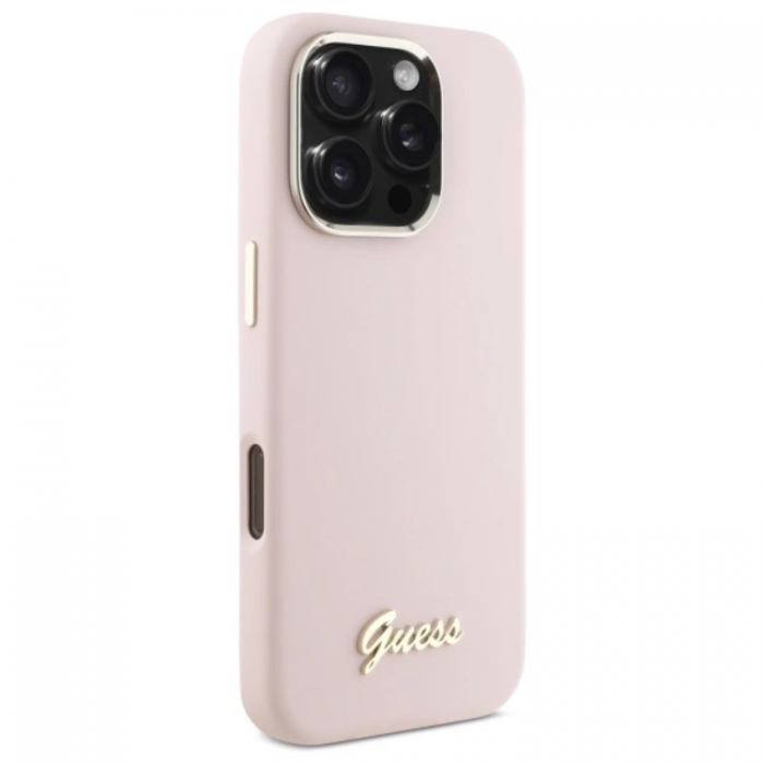 Guess - Guess iPhone 16 Pro Max Mobilskal Silikon Script Metal Logo - Rosa