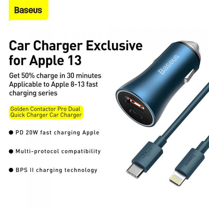 BASEUS - BASEUS billaddare 40W Kabel USB-C till Lightning 1m