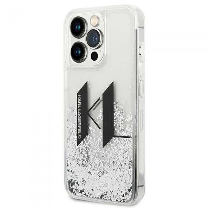 KARL LAGERFELD - Karl Lagerfeld iPhone 14 Pro Max Skal Liguid Glitter Big KL Logo - Silver