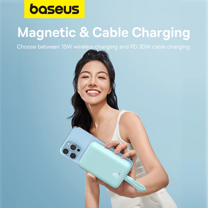 BASEUS - Baseus Magsafe Powerbank 10000mAh 20W Med Built-in Lightning Kabel - Bl