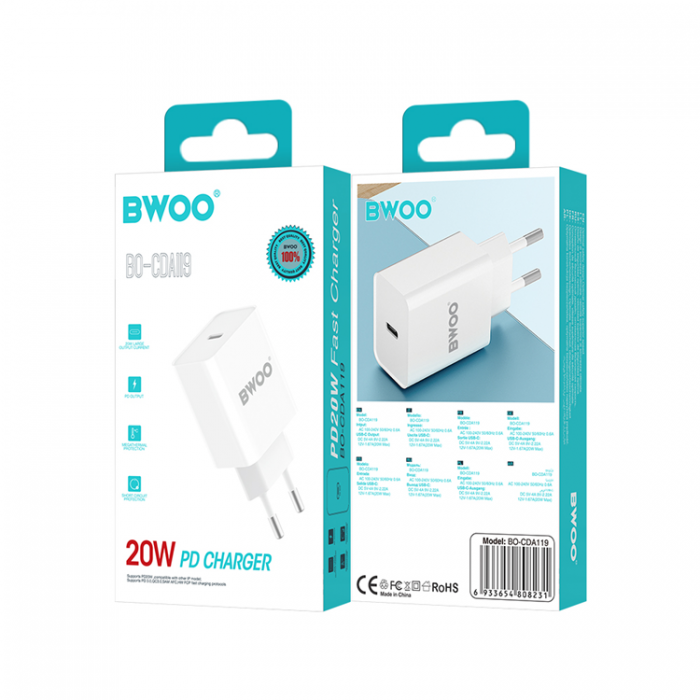 BWOO - BWOO Snabb Vggladdare 20W USB-C - Vit