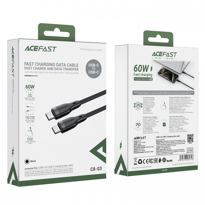 Acefast - Acefast USB-C till USB-C kabel 60W 1.2m C8-03 - Svart