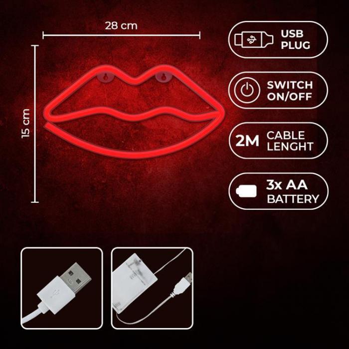 Forever Light - Forever Light LED Neon LIPS Bat + USB FLNE08 - Rd