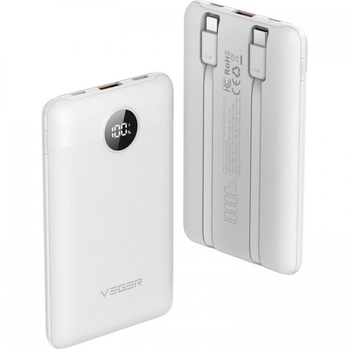 Veger - VEGER Powerbank 10000 mAh 22.5W med Lightning/Typ-C Kablar - Vit