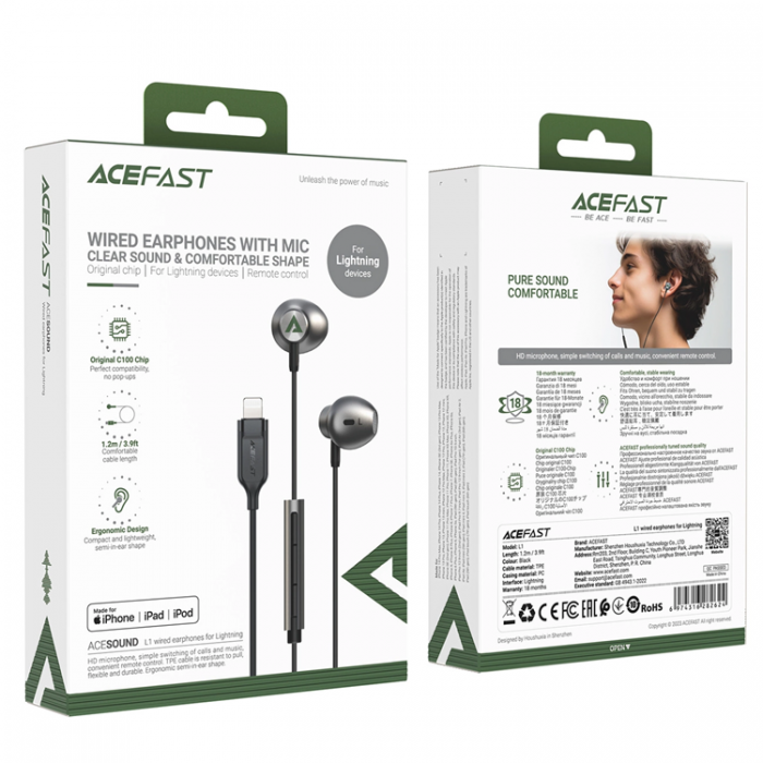 Acefast - Acefast In-Ear Lightning Hrlurar 1.2m - Svart