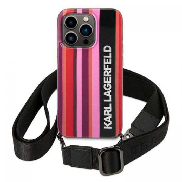 KARL LAGERFELD - Karl Lagerfeld iPhone 14 Pro Max Skal med halsband Stripes Strap - Rosa