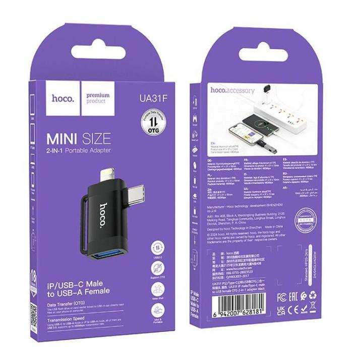 Hoco - Hoco 2in1 Adapter OTG USB-A till Lightning/USB-C UA31F - Svart