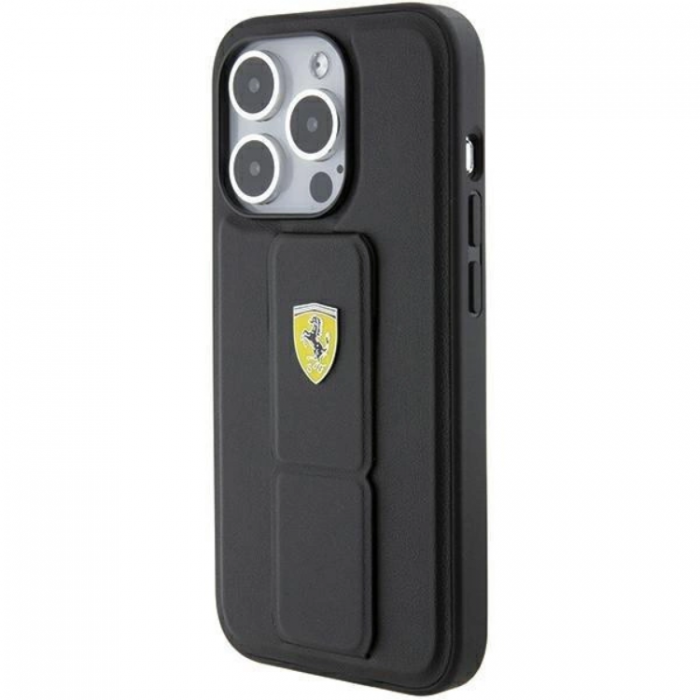 Ferrari - Ferrari iPhone 15 Pro Mobilskal Grip Stand Metal Logo - Svart