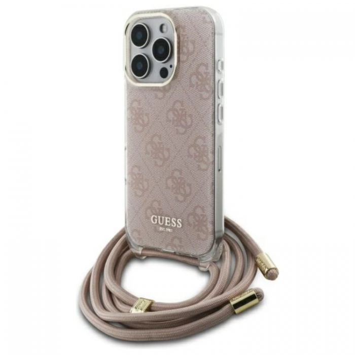 Guess - Guess iPhone 16 Pro Mobilskal Crossbody Cord 4G Print - Rosa