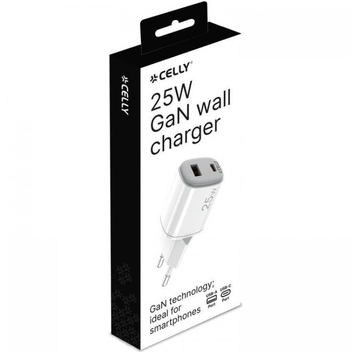 Celly - Celly Snabbladdare GaN 1 x USB-A + 1 x USB-C PD 25W - Vit