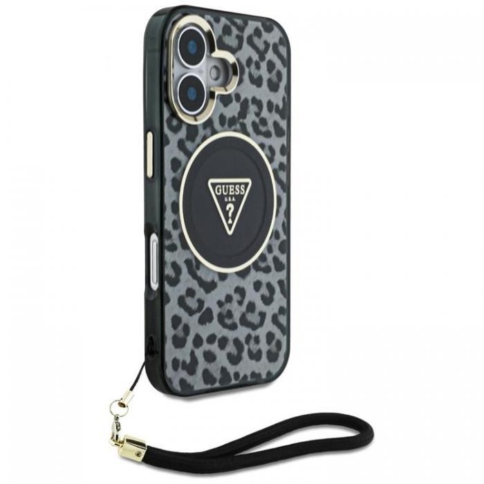 Guess - Guess iPhone 16 Mobilskal MagSafe IML Leopard Triangle Cord Strap - Svart