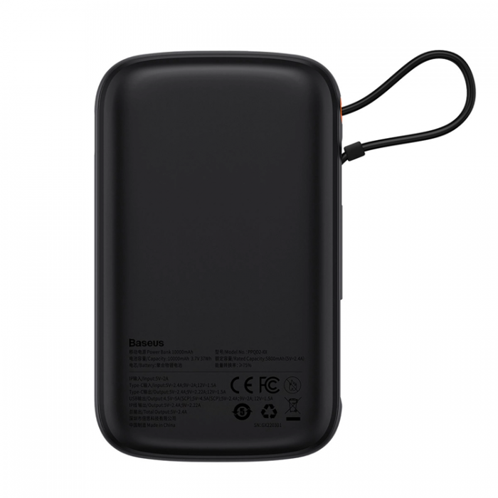 BASEUS - Baseus Powerbank Qpow 10000mAh 20W med Inbyggd Lightning Kabel - Svart