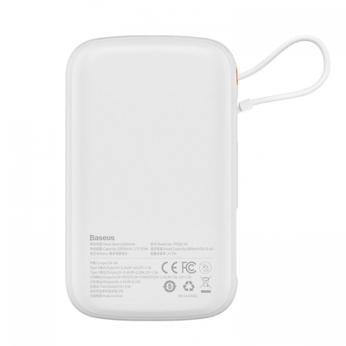 BASEUS - Baseus Powerbank Qpow 10000mAh 20W med Inbyggd Lightning Kabel - Vit