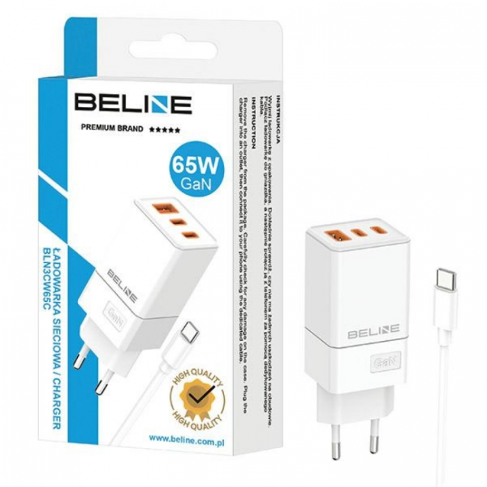 Beline - Beline Vggladdare 2x USB-C Till USB-A Med USB-C Kabel - Vit