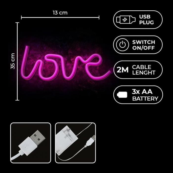 Forever Light - Forever Light LED Neon LOVE Bat FLNE05 + USB - Rosa