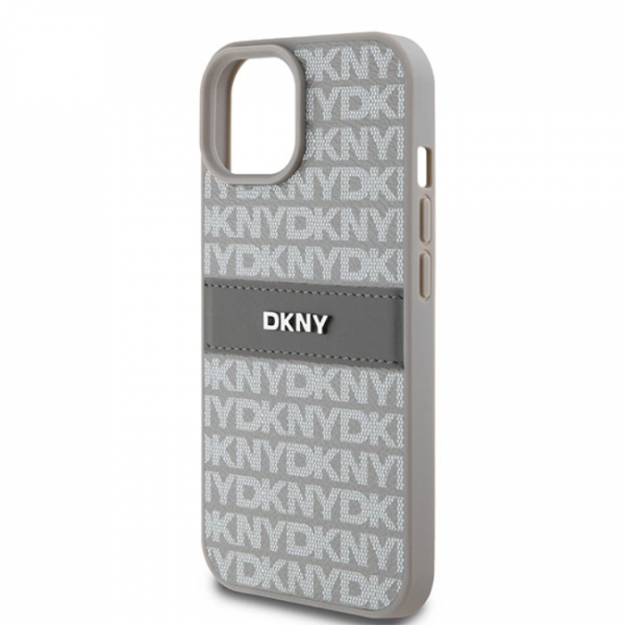 DKNY - DKNY iPhone 15/14/13 Mobilskal Lder Mono Stripe & Metal Logo - Beige