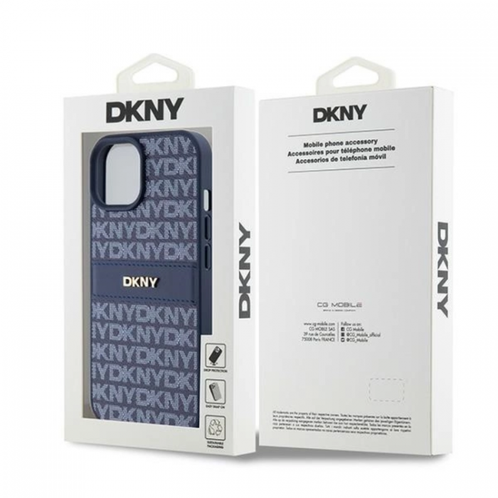 DKNY - DKNY iPhone 15/14/13 Mobilskal Lder Mono Stripe & Metal Logo - Bl