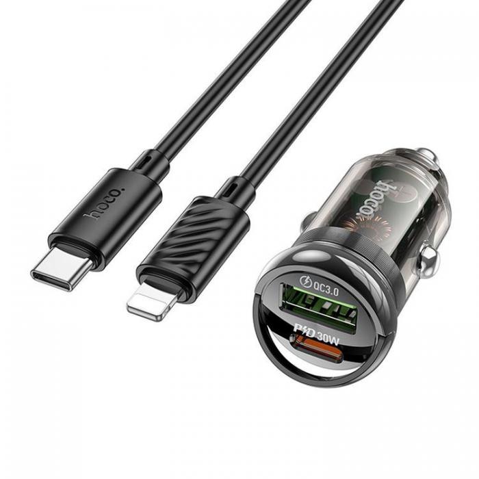 Hoco - Hoco Billaddare 30W USB-A/Typ-C + Kabel Typ-C Till Lightning - Svart