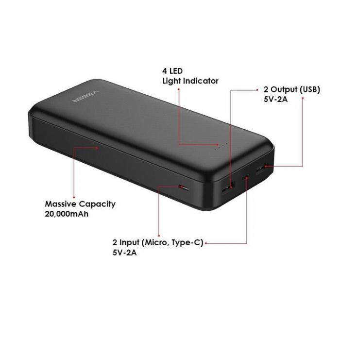 Veger - VEGER Powerbank 20000 mAh 2A A20 - Svart