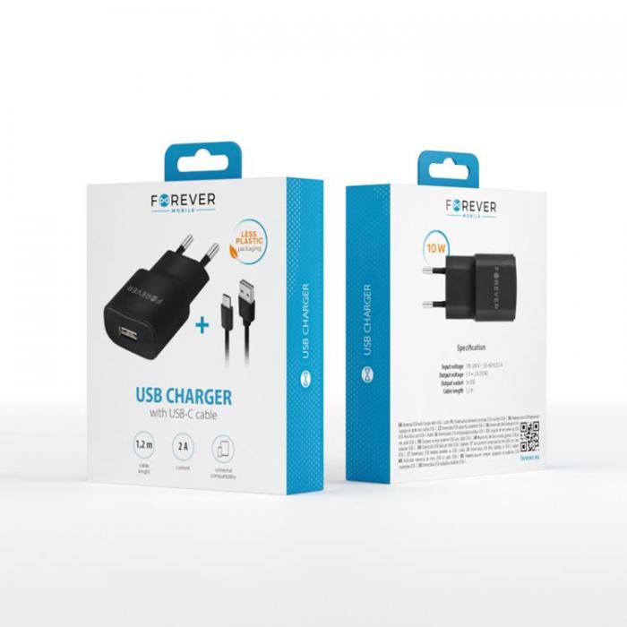 Forever - Forever Vggladdare 1x USB 2A + USB-C Kabel TC-01 - Svart