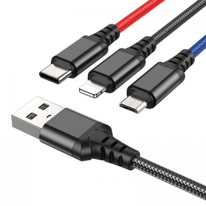 Hoco - Hoco 3in1 USB-A till USB-C, Lightning, microUSB kabel 1m