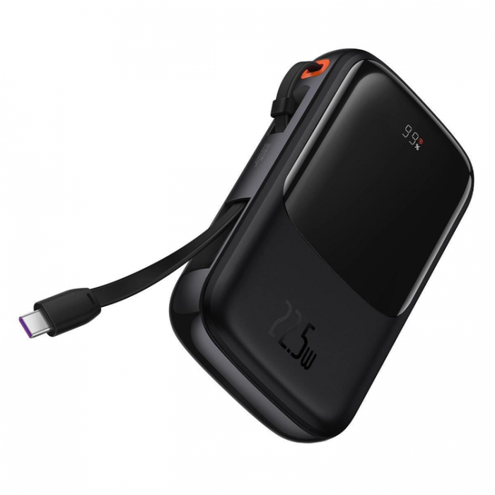 BASEUS - Baseus Powerbank Qpow 10000mAh 22.5W med Inbyggd USB-C Kabel - Svart