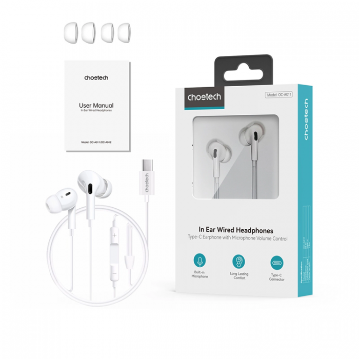 Choetech - Choetech In-Ear Hrlurar USB-C 1.2m - Vit