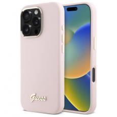 Guess - Guess iPhone 16 Pro Mobilskal Silikon Script Metal Logo - Rosa