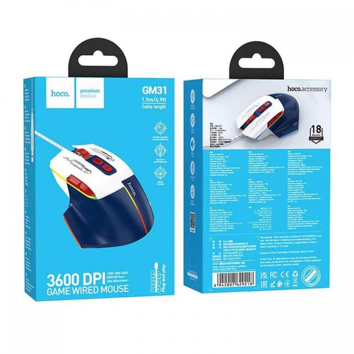 Hoco - Hoco Wired Gaming Mus USB-A 3600DPI - Vit/Bl