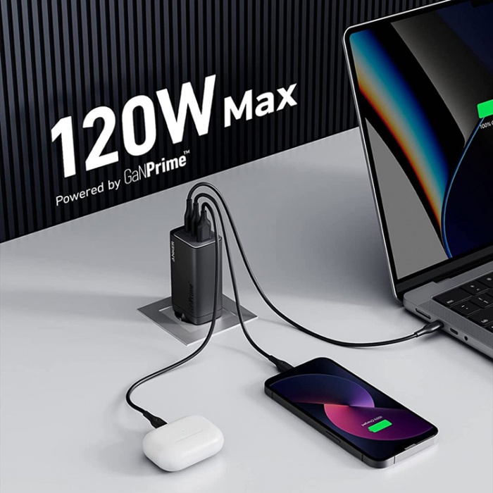 Anker - Anker Vggladdare 120W 2xUSB-C 1xUSB-A GaNPrime 737 - Svart