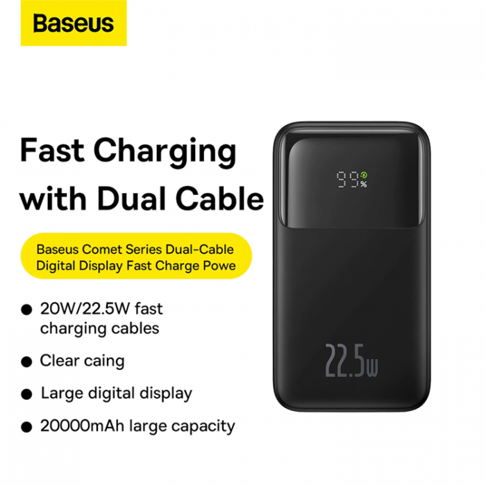 BASEUS - Baseus Powerbank med display 20000mAh 22.5W Comet Series - Svart