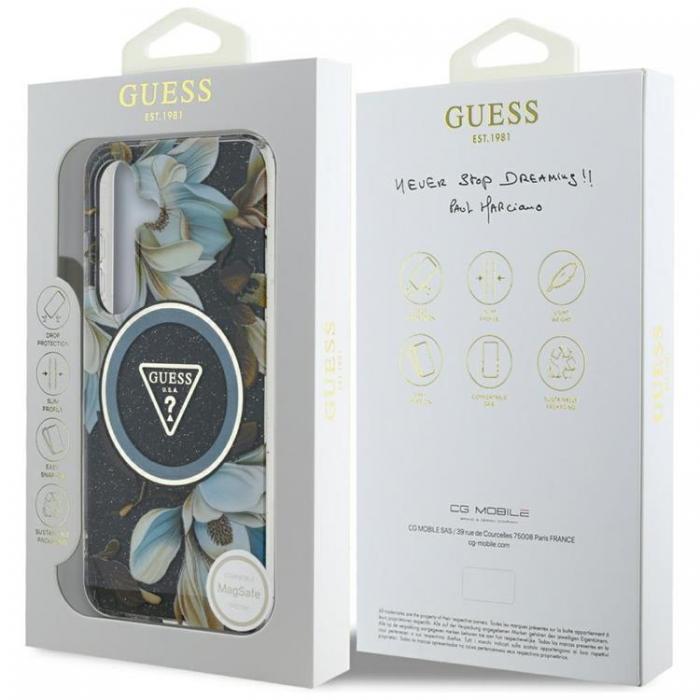 Guess - Guess Galaxy S25 Ultra Mobilskal MagSafe Glitter Flowers Triangle - Svart