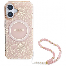 Guess - Guess iPhone 16 Plus Mobilskal MagSafe IML Flowers Med Strap - Rosa