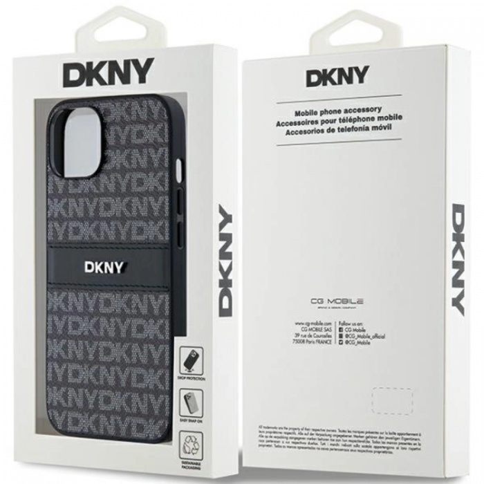 DKNY - DKNY iPhone 15/14/13 Mobilskal Lder Mono Stripe & Metal Logo - Svart