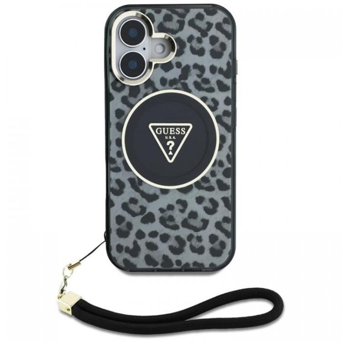 Guess - Guess iPhone 16 Mobilskal MagSafe IML Leopard Triangle Cord Strap - Svart