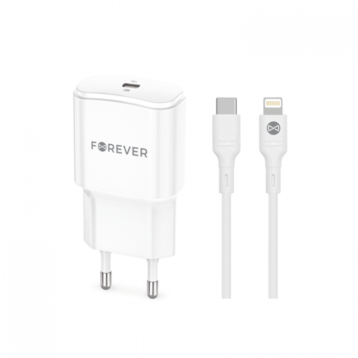 Forever - Forever Vggladdare USB-C 20W med Lightning Kabel QC PD - Vit