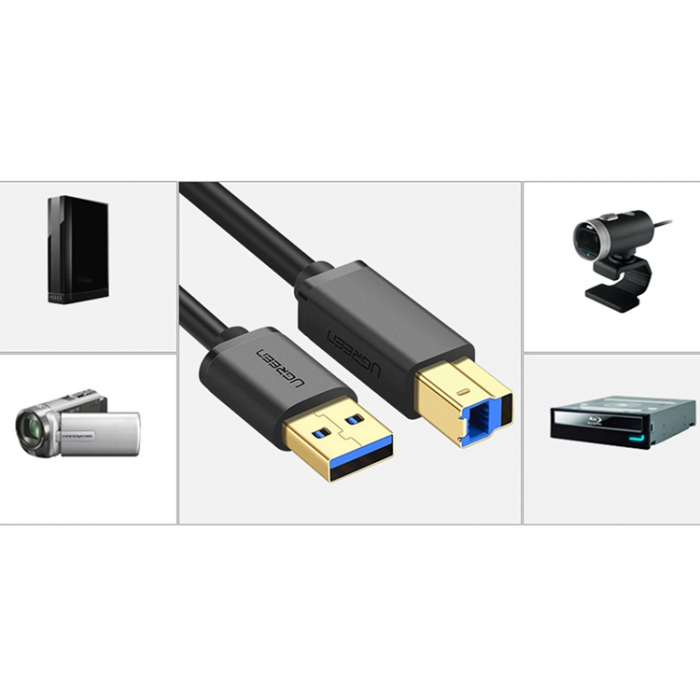 Ugreen - Ugreen USB-A 3.0 till USB-B 5Gbps 1m Skrivarkabel - Svart