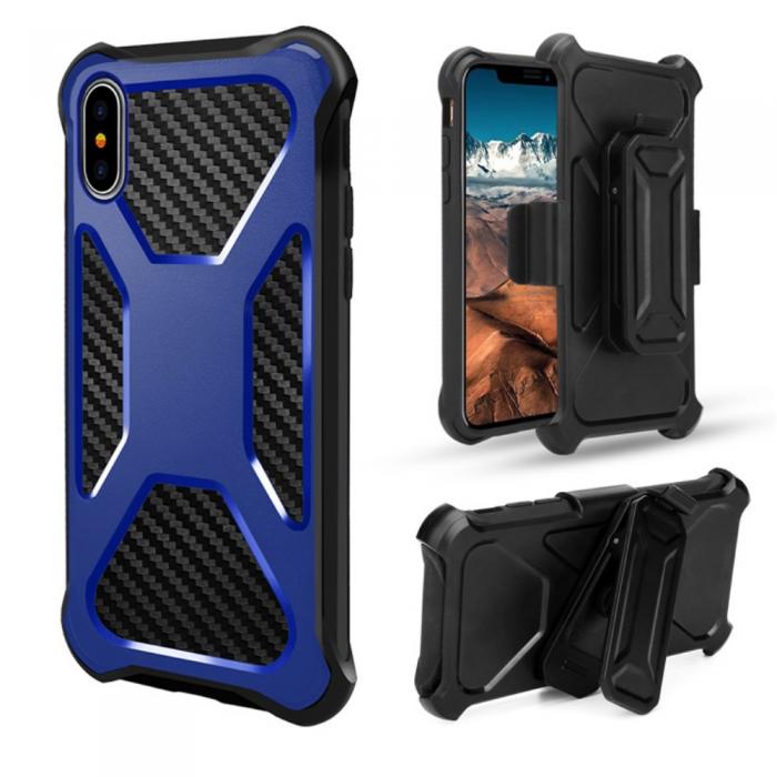 A-One Brand - Carbon Fiber Texture 2-in-1 mobilskal med bltesfodral iPhone XS / X - Bl