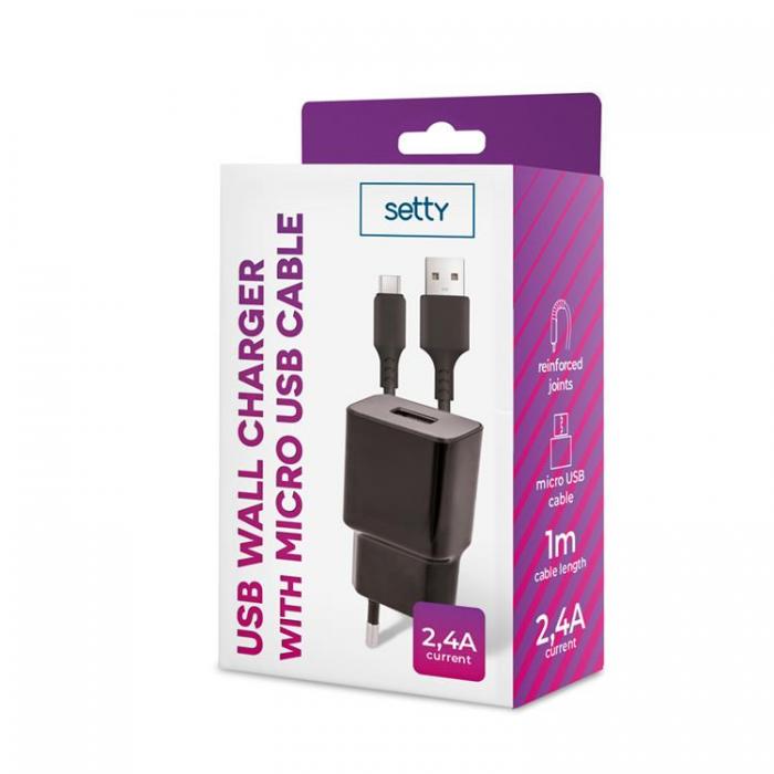 Setty - Setty Vggladdare USB med MicroUSB Kabel 1m 2.4A NEW - Svart