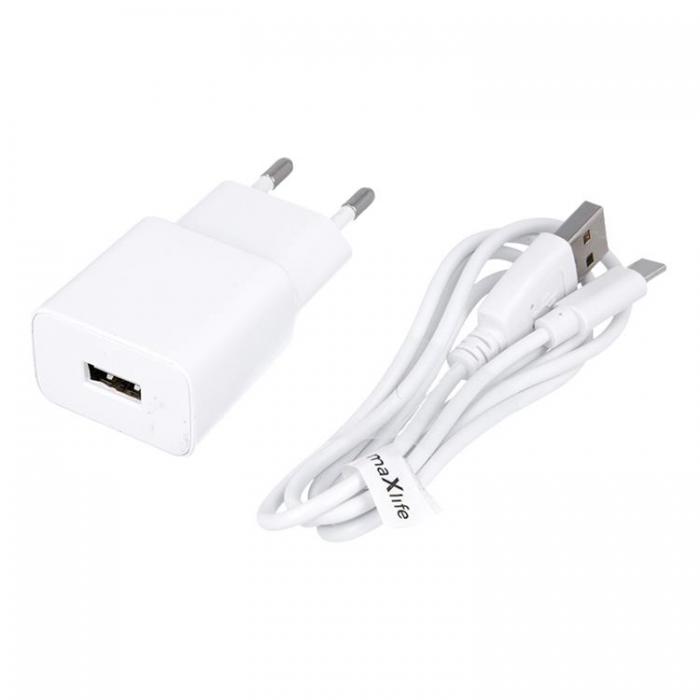 Maxlife - Maxlife Vggladdare 1x USB 2.1A + USB-C Kabel MXTC-01 - Vit